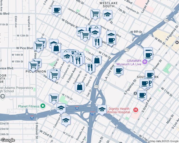 map of restaurants, bars, coffee shops, grocery stores, and more near 1530 West Pico Boulevard in Los Angeles