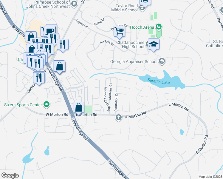 map of restaurants, bars, coffee shops, grocery stores, and more near 10785 Mortons Crossing in Alpharetta