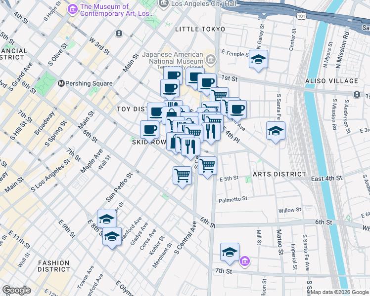 map of restaurants, bars, coffee shops, grocery stores, and more near in Los Angeles