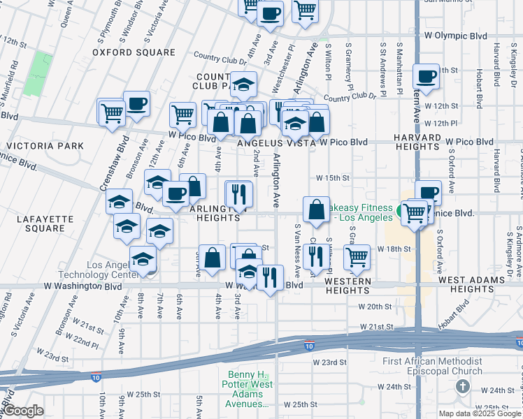 map of restaurants, bars, coffee shops, grocery stores, and more near 3129 Venice Boulevard in Los Angeles