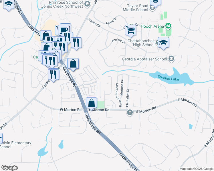 map of restaurants, bars, coffee shops, grocery stores, and more near 220 Morton Creek Cir in Alpharetta