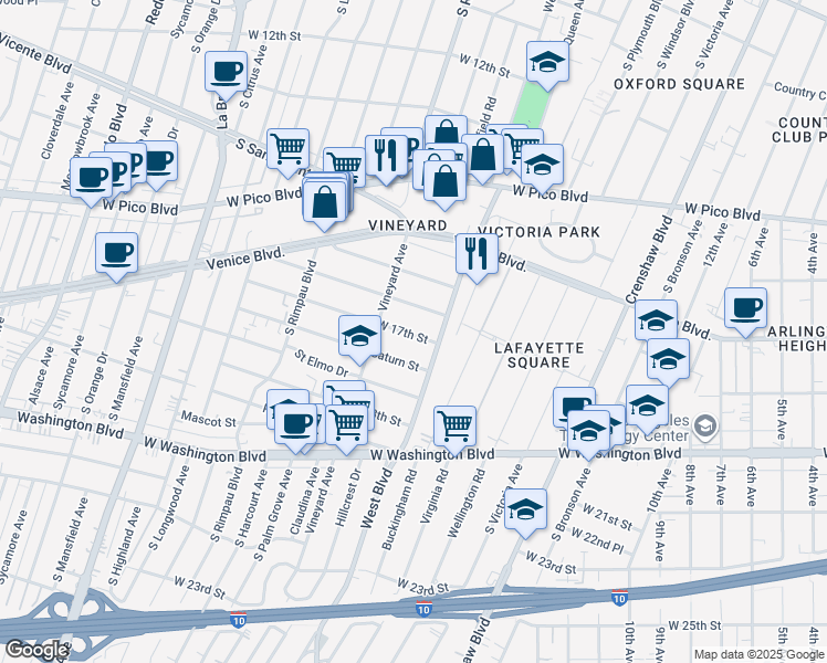 map of restaurants, bars, coffee shops, grocery stores, and more near 4521 West 17th Street in Los Angeles