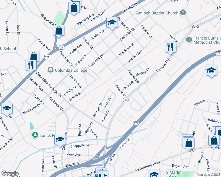 map of restaurants, bars, coffee shops, grocery stores, and more near 1805 Vann Street in Columbia