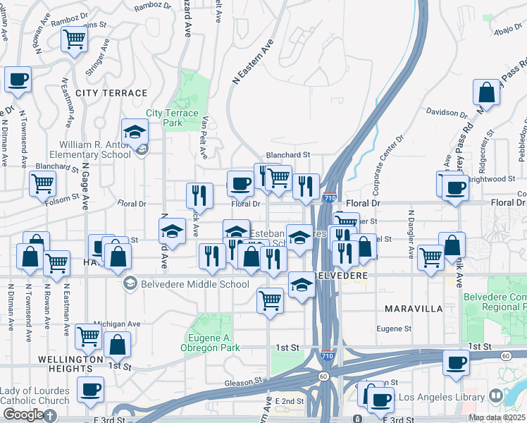 map of restaurants, bars, coffee shops, grocery stores, and more near 4254 Floral Drive in Los Angeles