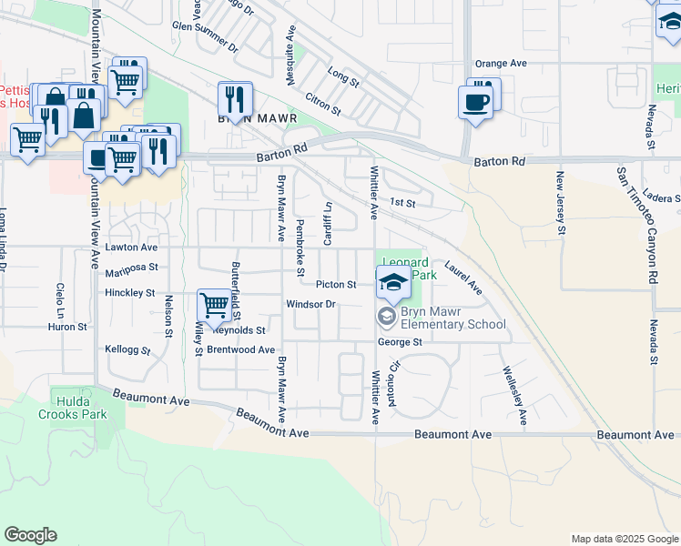 map of restaurants, bars, coffee shops, grocery stores, and more near 11546 Gwent Street in Loma Linda