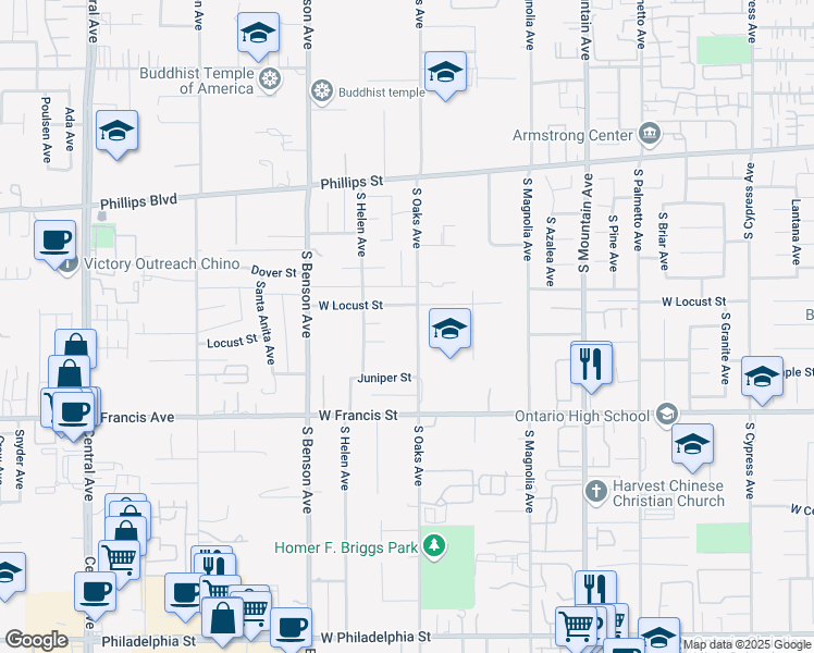 map of restaurants, bars, coffee shops, grocery stores, and more near 1619 South Oaks Avenue in Ontario