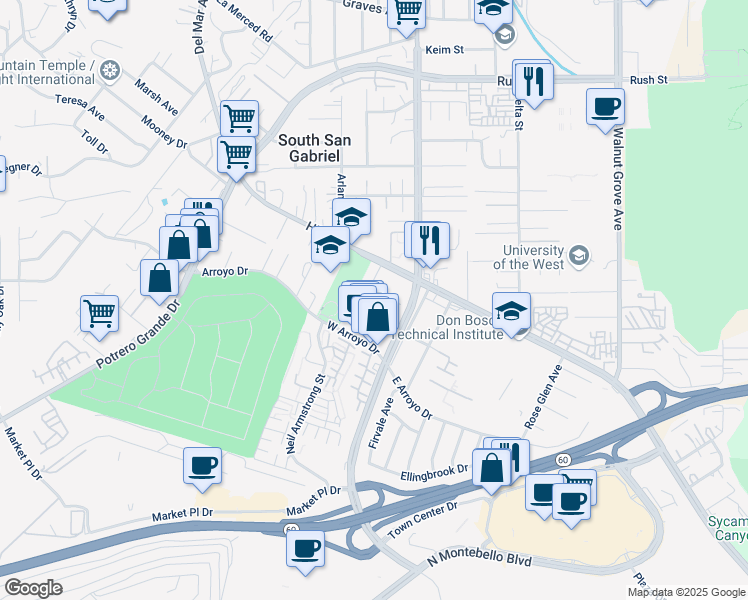 map of restaurants, bars, coffee shops, grocery stores, and more near 1129 Pollock Street in Rosemead