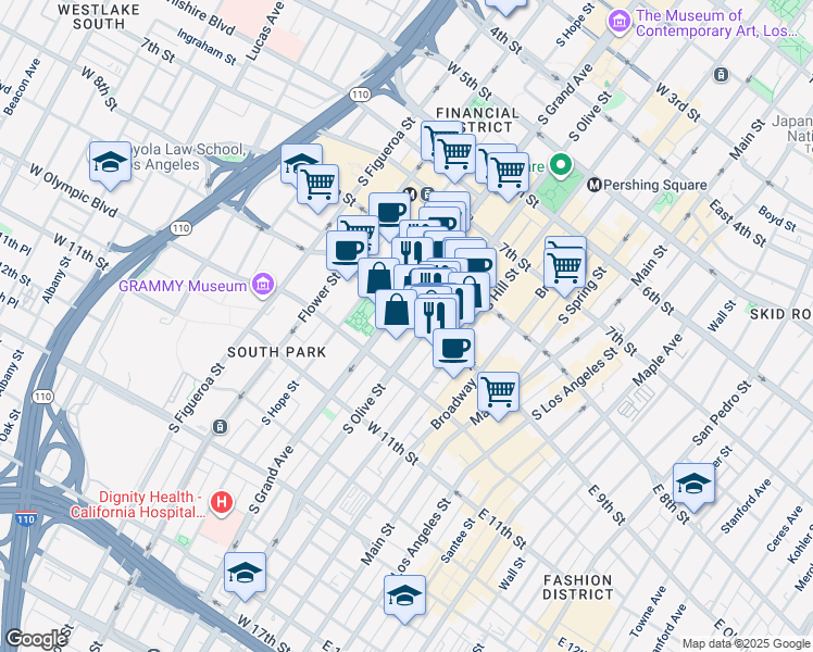 map of restaurants, bars, coffee shops, grocery stores, and more near 847 South Olive Street in Los Angeles