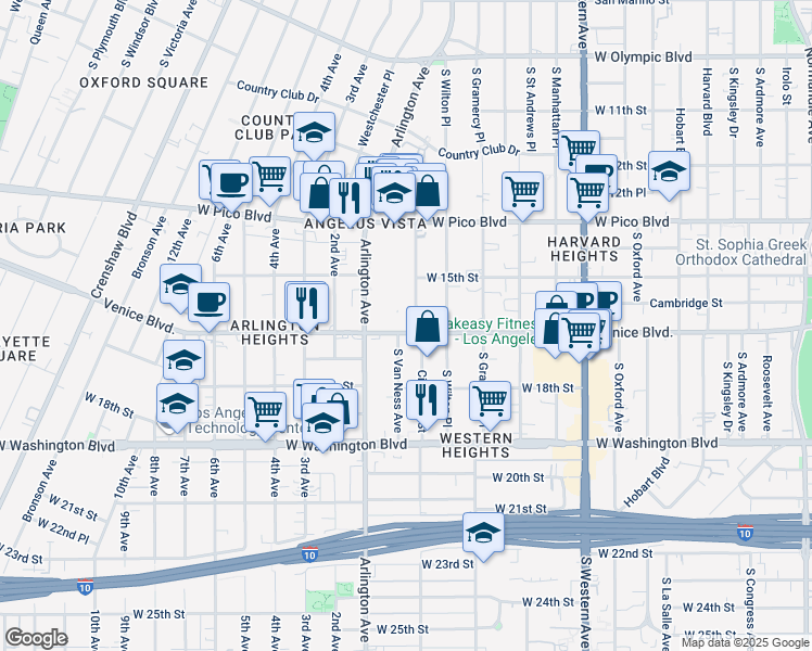 map of restaurants, bars, coffee shops, grocery stores, and more near 1550 1/2 South Van Ness Avenue in Los Angeles