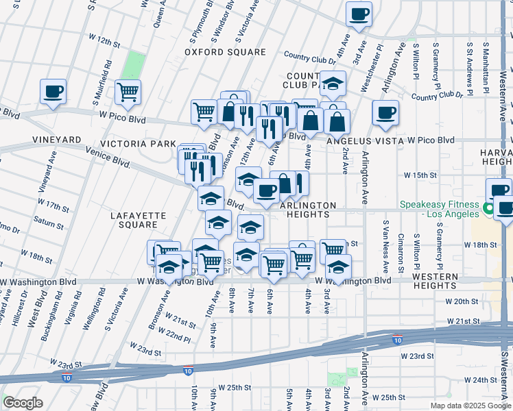 map of restaurants, bars, coffee shops, grocery stores, and more near 3617 Venice Boulevard in Los Angeles