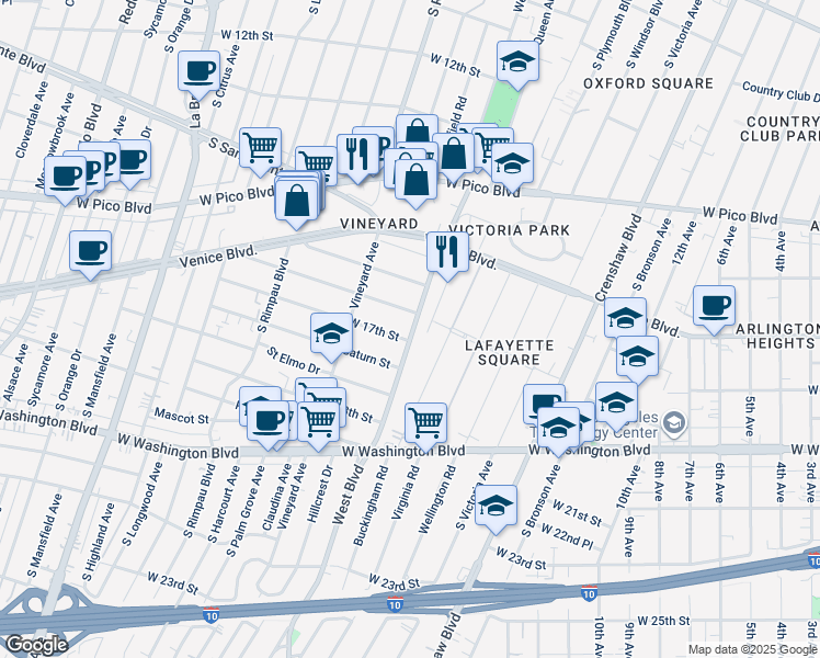 map of restaurants, bars, coffee shops, grocery stores, and more near 4521 West 17th Street in Los Angeles