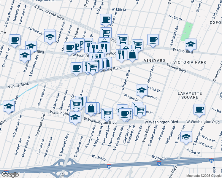 map of restaurants, bars, coffee shops, grocery stores, and more near 1719 South Longwood Avenue in Los Angeles