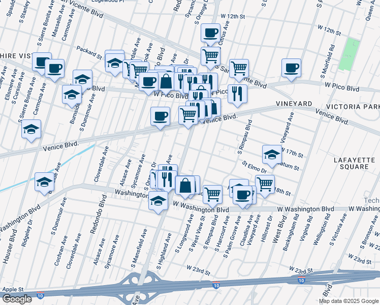 map of restaurants, bars, coffee shops, grocery stores, and more near 4906 Saint Elmo Drive in Los Angeles