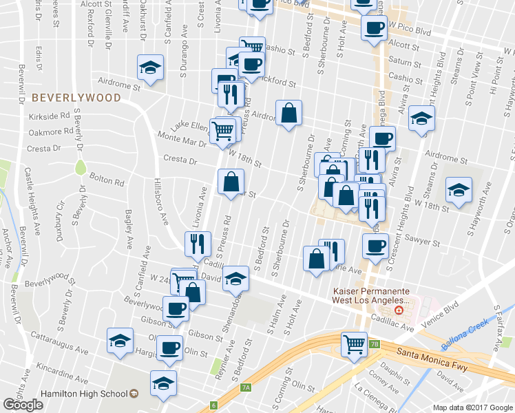 map of restaurants, bars, coffee shops, grocery stores, and more near 1907 South Shenandoah Street in Los Angeles
