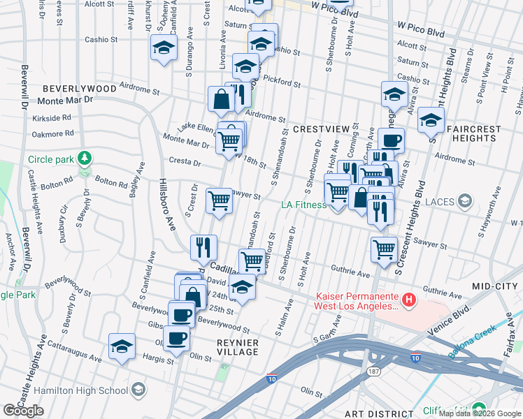 map of restaurants, bars, coffee shops, grocery stores, and more near 1907 South Shenandoah Street in Los Angeles