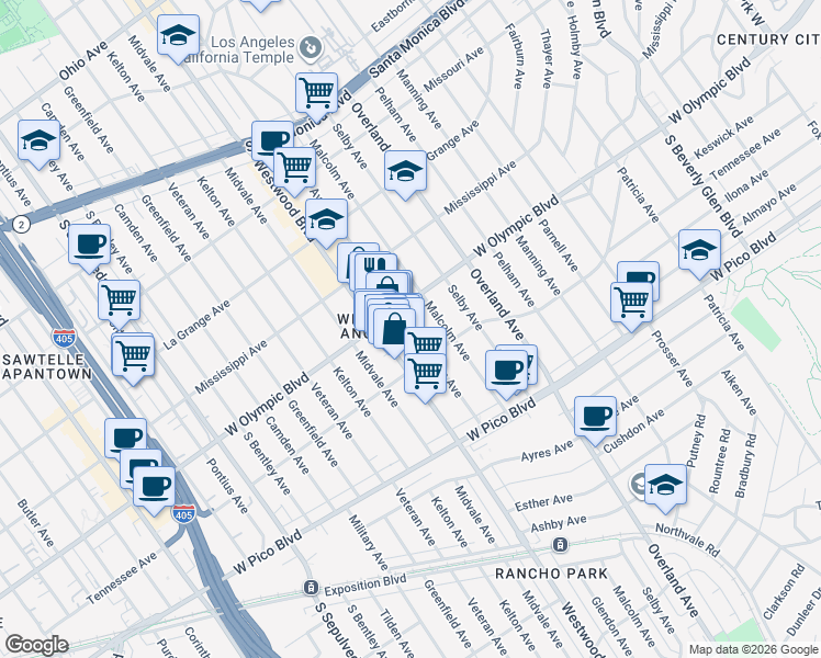 map of restaurants, bars, coffee shops, grocery stores, and more near in Los Angeles