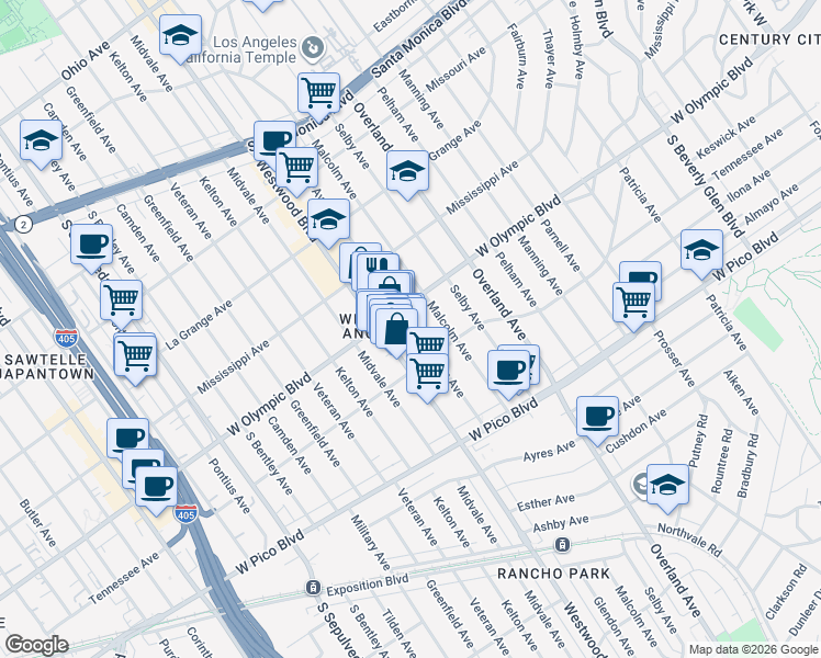 map of restaurants, bars, coffee shops, grocery stores, and more near 2203 Glendon Avenue in Los Angeles