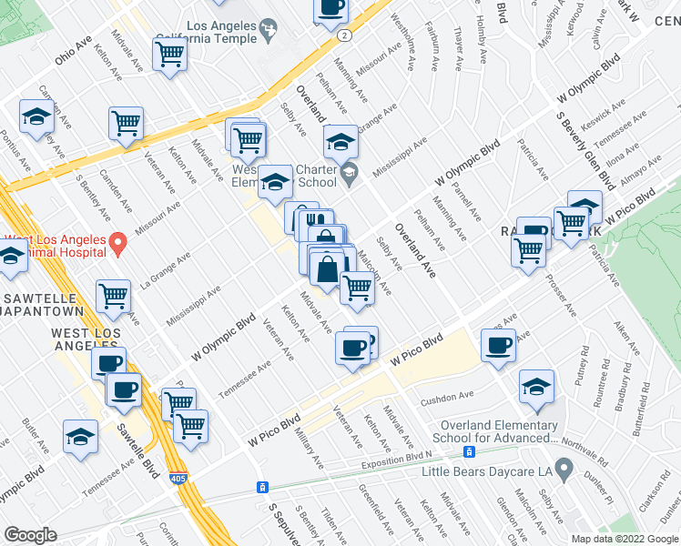 map of restaurants, bars, coffee shops, grocery stores, and more near in Los Angeles