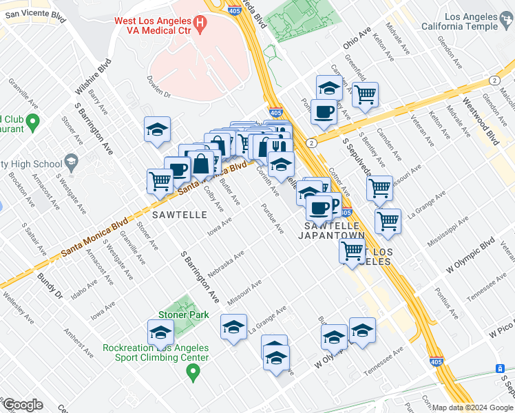 map of restaurants, bars, coffee shops, grocery stores, and more near 11360 Iowa Avenue in Los Angeles
