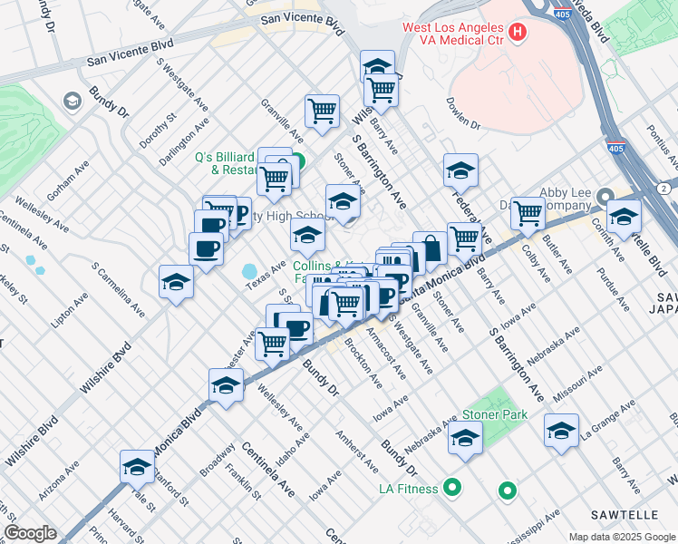 map of restaurants, bars, coffee shops, grocery stores, and more near 1409 South Westgate Avenue in Los Angeles