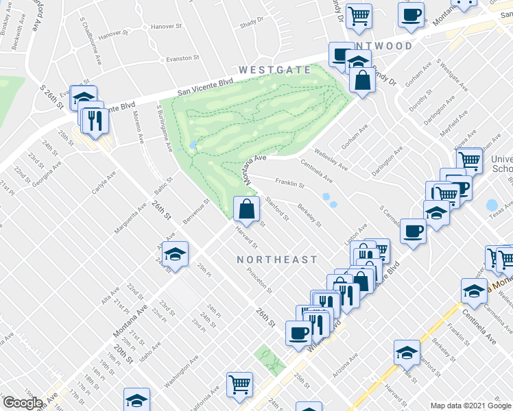 map of restaurants, bars, coffee shops, grocery stores, and more near 2918 Montana Avenue in Santa Monica