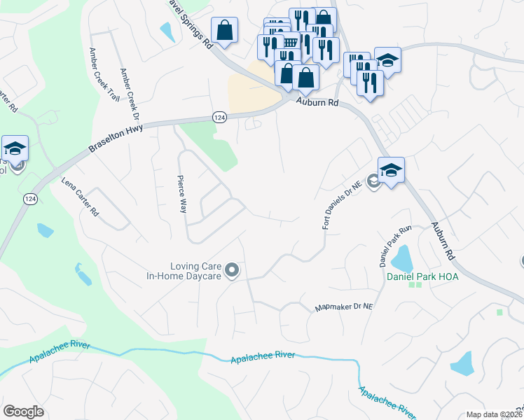 map of restaurants, bars, coffee shops, grocery stores, and more near 2592 Lance Ridge Way Northeast in Dacula