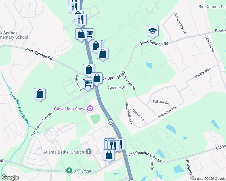map of restaurants, bars, coffee shops, grocery stores, and more near 2690 Tybee Drive Northeast in Buford