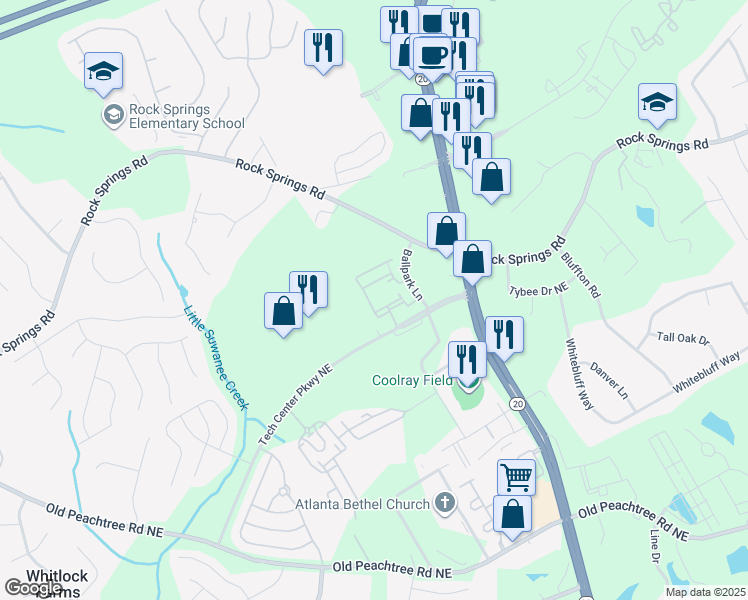map of restaurants, bars, coffee shops, grocery stores, and more near 2430 Tech Center Parkway Northeast in Lawrenceville