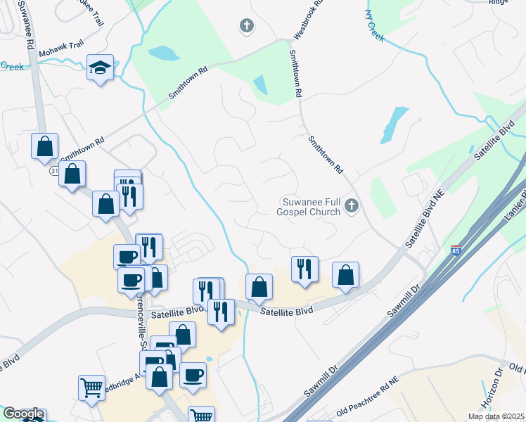 map of restaurants, bars, coffee shops, grocery stores, and more near 3389 White Sands Way in Suwanee