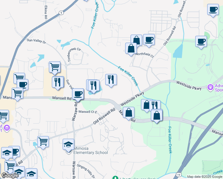 map of restaurants, bars, coffee shops, grocery stores, and more near 300 Colonial Center Parkway in Roswell