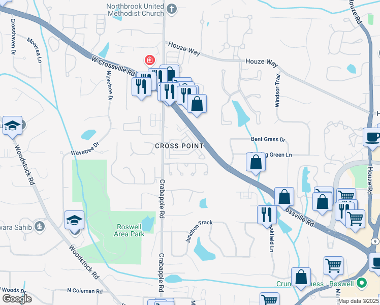 map of restaurants, bars, coffee shops, grocery stores, and more near 255 Kendemere Pointe in Roswell