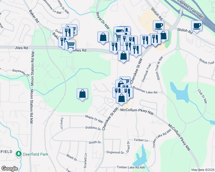 map of restaurants, bars, coffee shops, grocery stores, and more near 1131 Shiloh Lane in Kennesaw