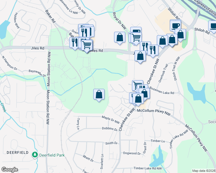 map of restaurants, bars, coffee shops, grocery stores, and more near 1436 Shiloh Way Northwest in Kennesaw