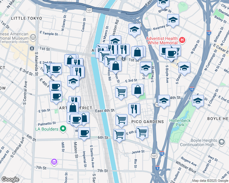 map of restaurants, bars, coffee shops, grocery stores, and more near 320 South Mission Road in Los Angeles