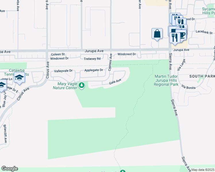 map of restaurants, bars, coffee shops, grocery stores, and more near 16483 Gala Avenue in Fontana
