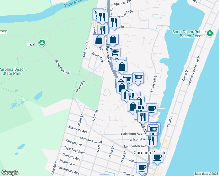 map of restaurants, bars, coffee shops, grocery stores, and more near 160 Olde Mariners Way in Carolina Beach