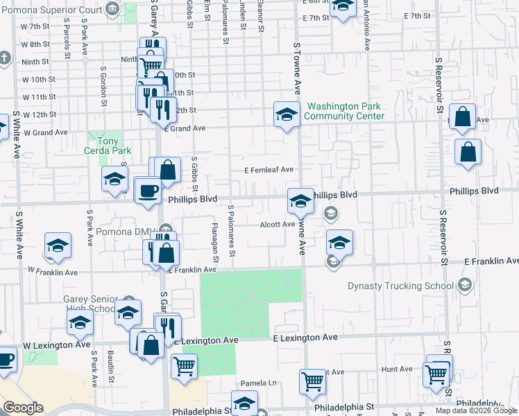 map of restaurants, bars, coffee shops, grocery stores, and more near 1528 Calle Las Palmas in Pomona