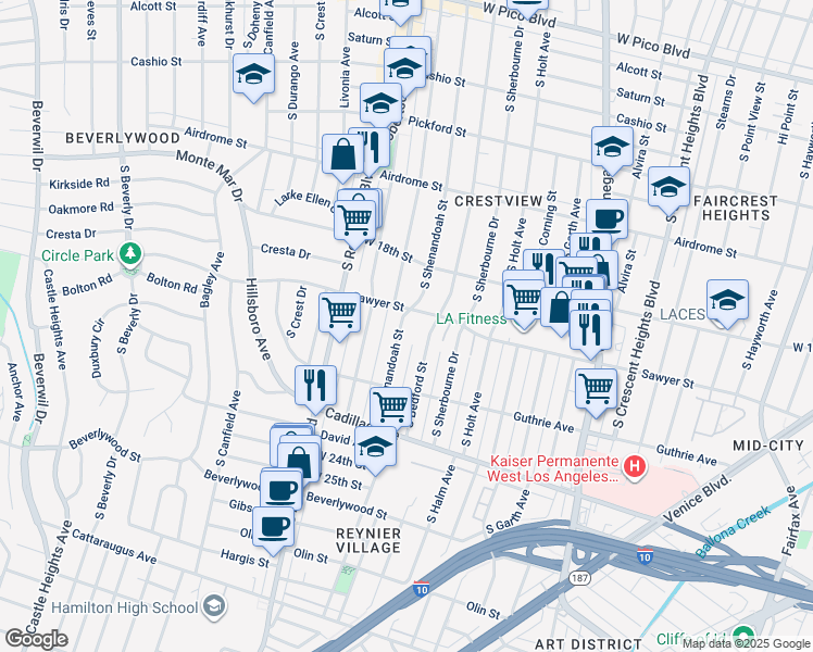 map of restaurants, bars, coffee shops, grocery stores, and more near 1906 South Shenandoah Street in Los Angeles