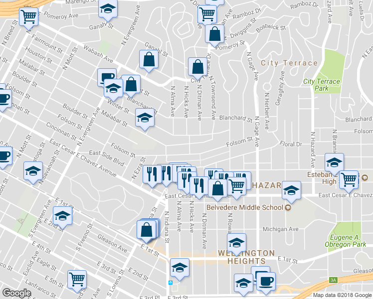 map of restaurants, bars, coffee shops, grocery stores, and more near 3355 1/2 Folsom Street in Los Angeles
