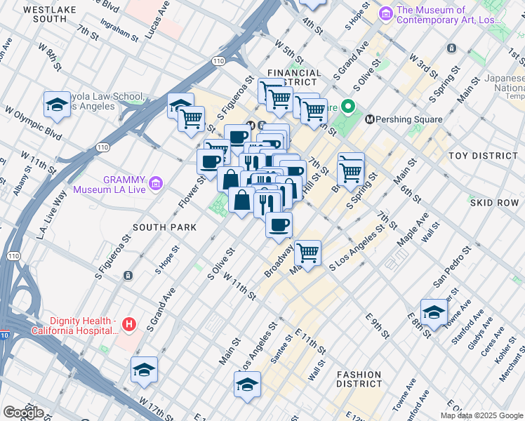 map of restaurants, bars, coffee shops, grocery stores, and more near 888 South Olive Street in Los Angeles