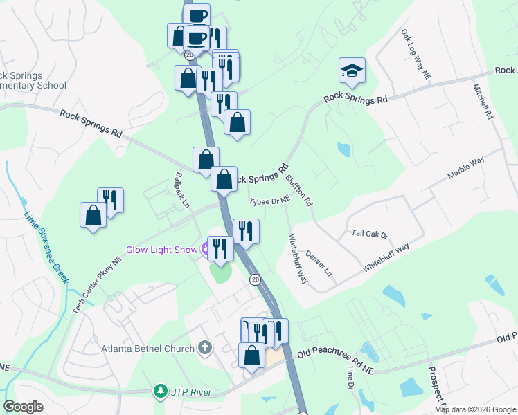 map of restaurants, bars, coffee shops, grocery stores, and more near 2690 Tybee Drive Northeast in Buford