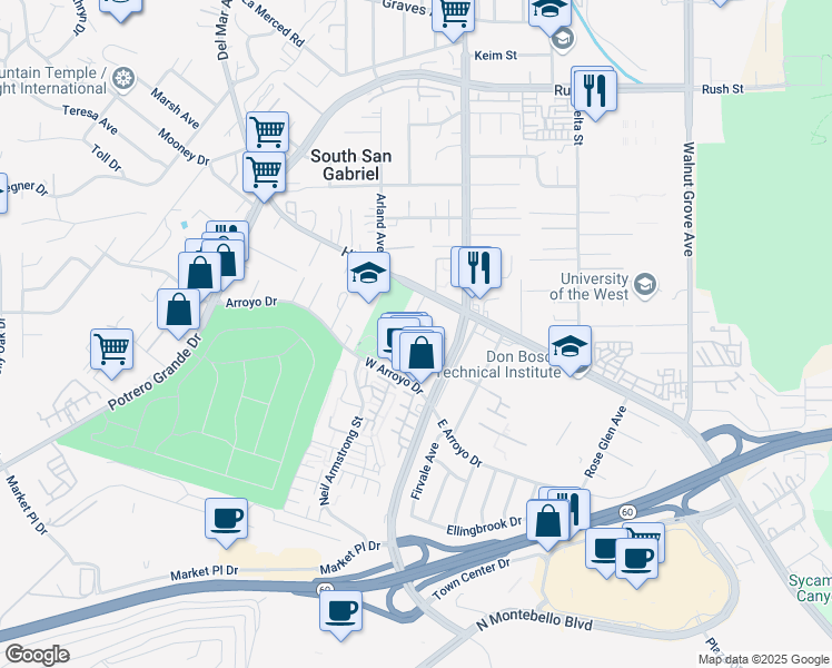 map of restaurants, bars, coffee shops, grocery stores, and more near 1129 Pollock Street in Rosemead