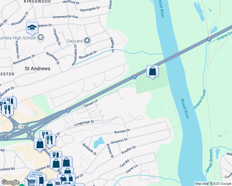 map of restaurants, bars, coffee shops, grocery stores, and more near 1728 Devonwood Drive in Columbia