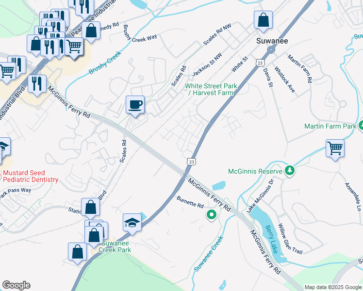 map of restaurants, bars, coffee shops, grocery stores, and more near 1543 Harvest Park Lane in Suwanee