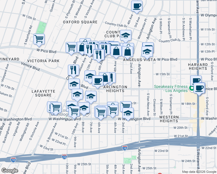 map of restaurants, bars, coffee shops, grocery stores, and more near 3429 Venice Boulevard in Los Angeles