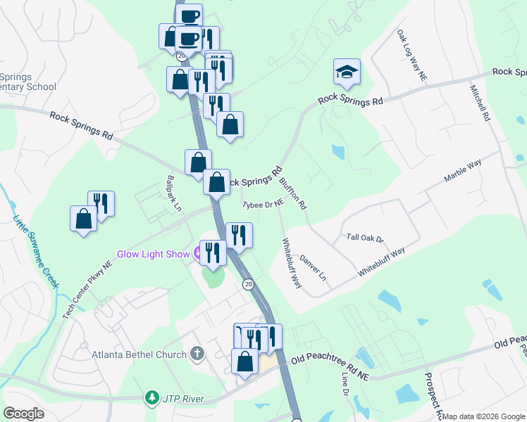 map of restaurants, bars, coffee shops, grocery stores, and more near 2680 Tybee Drive Northeast in Buford