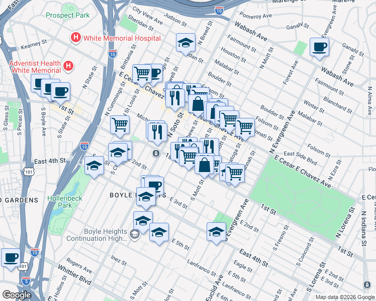 map of restaurants, bars, coffee shops, grocery stores, and more near 2511 Pennsylvania Avenue in Los Angeles