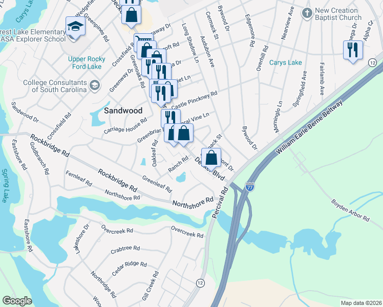 map of restaurants, bars, coffee shops, grocery stores, and more near 2918 Ranch Road in Columbia