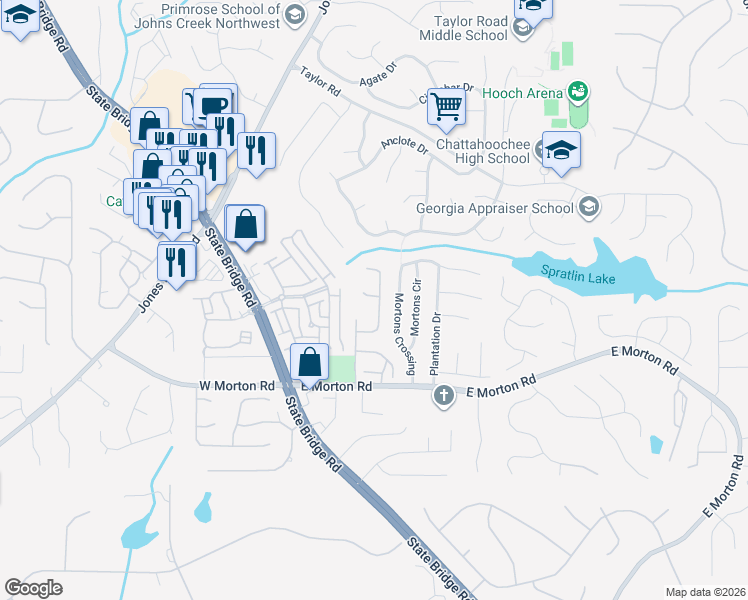 map of restaurants, bars, coffee shops, grocery stores, and more near 200 Morton Creek Circle in Alpharetta
