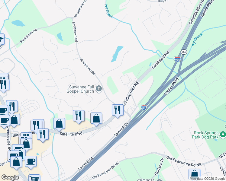 map of restaurants, bars, coffee shops, grocery stores, and more near 3249 Smithtown Road in Suwanee
